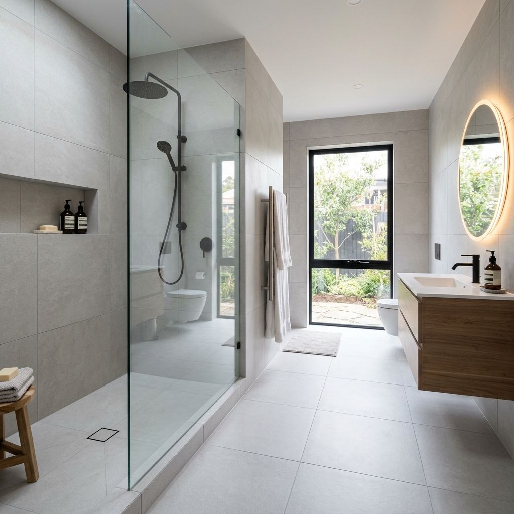 Frisch gefliestes Badezimmer mit bodengleicher Dusche (Platzhalter-Stockfoto)